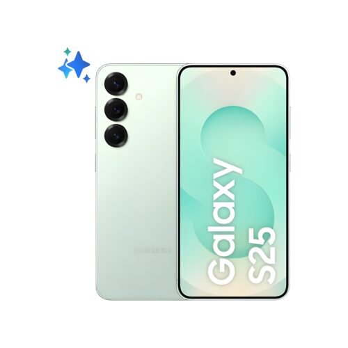 Teléfono Samsung Galaxy S25 con 12GB RAM y 128GB almacenamiento, color menta, pantalla dinámica.